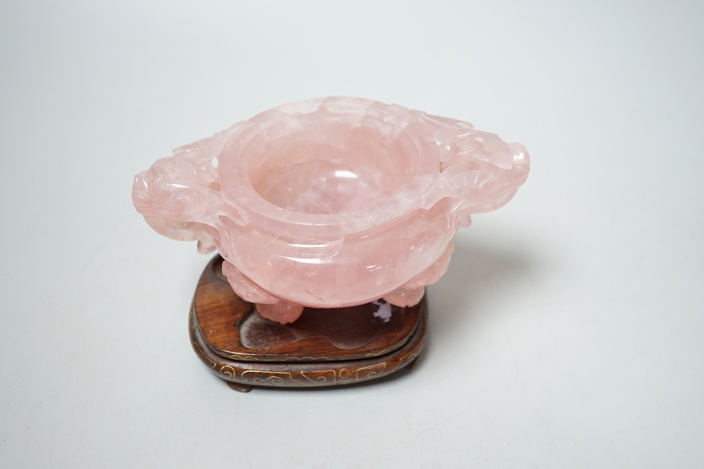 A Chinese rose quartz censer and cover, 13cm high, wood stand